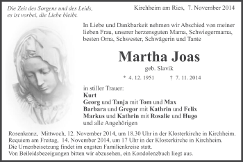 Traueranzeige von Martha Joas von Schwäbische Post