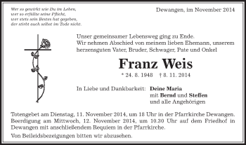 Traueranzeige von Franz Weis von Schwäbische Post