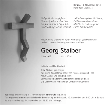 Traueranzeige von Georg Staiber von Gmünder Tagespost