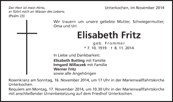 Traueranzeige von Elisabeth Fritz von Schwäbische Post