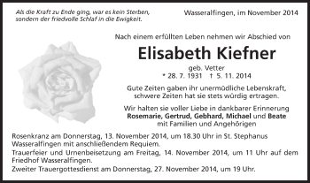 Traueranzeige von Elisabeth Kiefner von Schwäbische Post