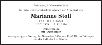 Traueranzeige von Marianne Stoll von Schwäbische Post