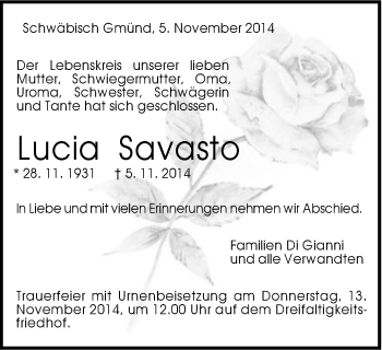 Traueranzeige von Lucia Savasto von Gmünder Tagespost