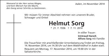 Traueranzeige von Helmut Sorg von Schwäbische Post