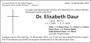 Traueranzeige von Elisabeth Daur von Schwäbische Post
