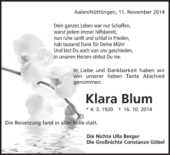 Traueranzeige von Klara Blum von Schwäbische Post