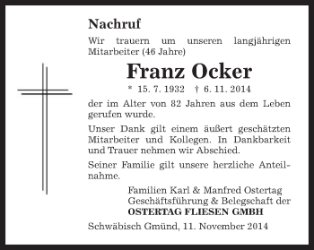 Traueranzeige von Franz Ocker von Gmünder Tagespost