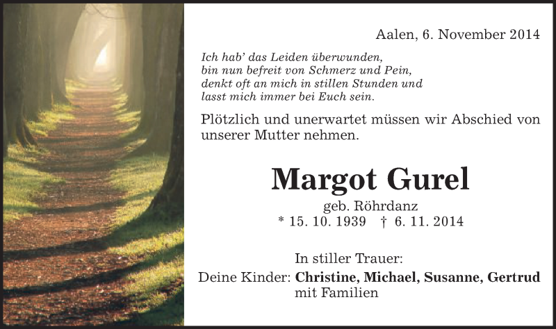  Traueranzeige für Margot Gurel vom 12.11.2014 aus Schwäbische Post