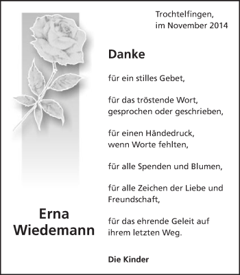 Traueranzeige von Erna Wiedemann von Schwäbische Post