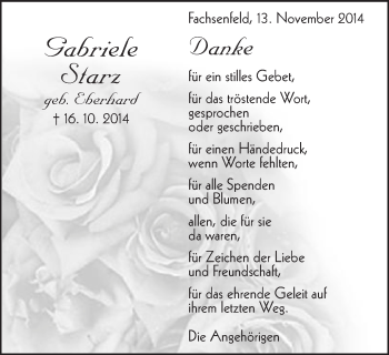 Traueranzeige von Gabriele Starz von Schwäbische Post