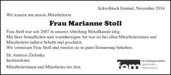 Traueranzeige von Marianne Stoll von Gmünder Tagespost
