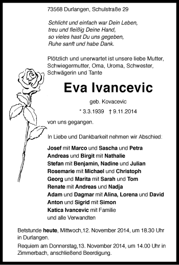 Traueranzeige von Eva lvancevic von Gmünder Tagespost