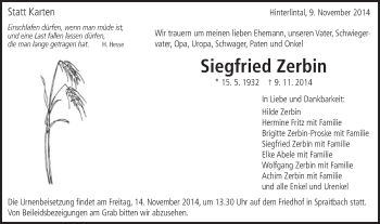 Traueranzeige von Siegfried Zerbin von Gmünder Tagespost