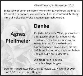 Traueranzeige von Agnes Pfeilmeier von Schwäbische Post