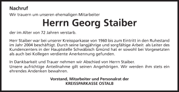 Traueranzeige von Georg Staiber von Gmünder Tagespost