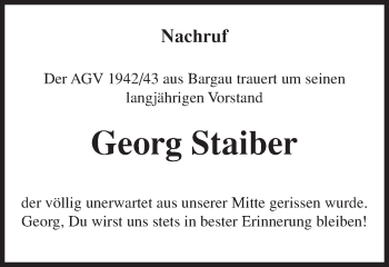 Traueranzeige von Georg Staiber von Gmünder Tagespost