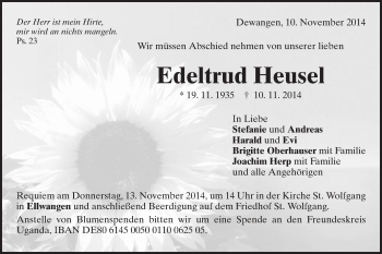 Traueranzeige von Edeltrud Heusel von Schwäbische Post