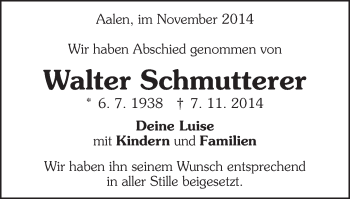 Traueranzeige von Walter Schmutterer von Schwäbische Post