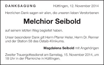 Traueranzeige von Melchior Seibold von Schwäbische Post