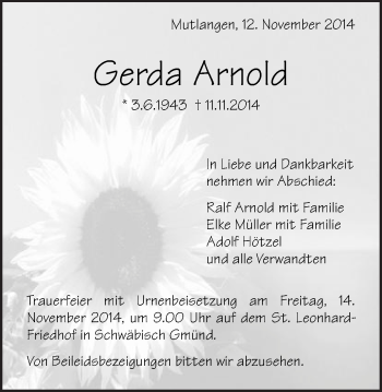 Traueranzeige von Gerda Arnold von Gmünder Tagespost