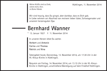 Traueranzeige von Bernhard Wanner von Schwäbische Post