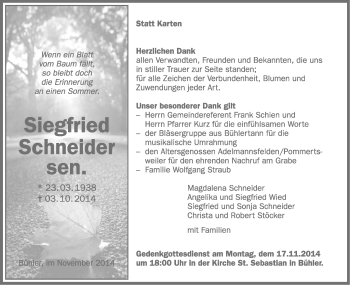 Traueranzeige von Siegfried Schneider von Schwäbische Post