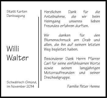 Traueranzeige von Willi Walter von Gmünder Tagespost