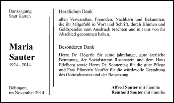 Traueranzeige von Maria Sauter von Gmünder Tagespost