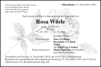 Traueranzeige von Rosa Wörle von Schwäbische Post