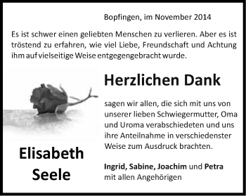 Traueranzeige von Elisabeth Seele von Schwäbische Post