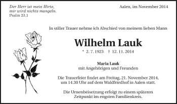 Traueranzeige von Wilhelm Lauk von Schwäbische Post
