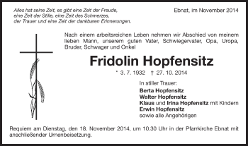 Traueranzeige von Fridolin Hopfensitz von Schwäbische Post