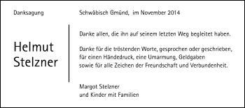 Traueranzeige von Helmut Stelzner von Gmünder Tagespost