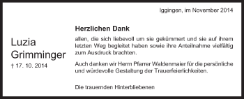 Traueranzeige von Luzia Grimminger von Gmünder Tagespost