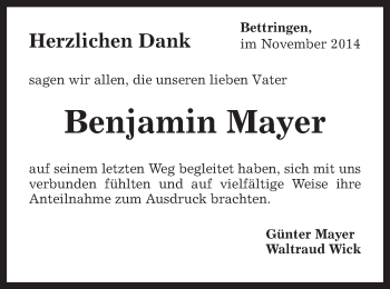 Traueranzeige von Benjamin Mayer von Gmünder Tagespost