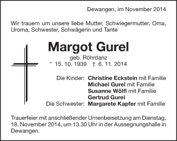 Traueranzeige von Margot Gurel von Schwäbische Post