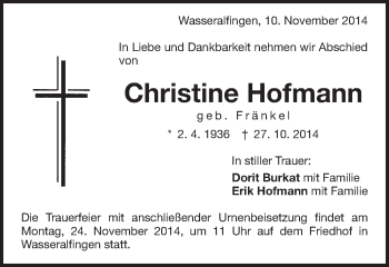 Traueranzeige von Christine Hofmann von Schwäbische Post