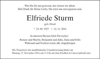 Traueranzeige von Elfriede Sturm von Schwäbische Post