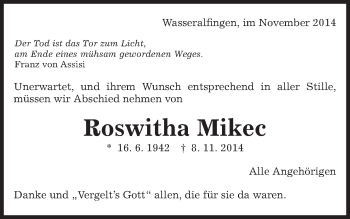 Traueranzeige von Roswitha Mikec von Schwäbische Post