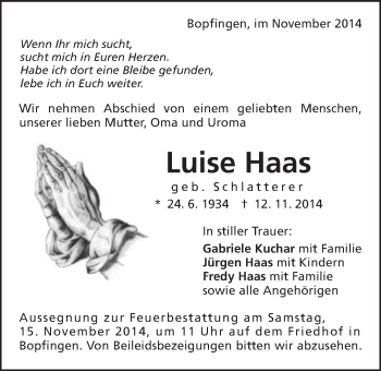 Traueranzeige von Luise Haas von Schwäbische Post