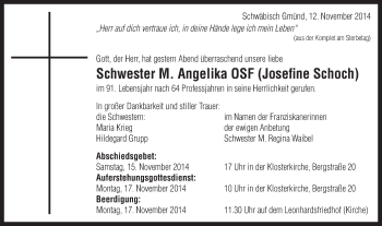 Traueranzeige von Josefine Schoch von Gmünder Tagespost