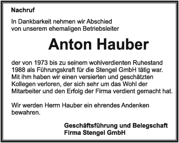 Traueranzeige von Anton Hauber von Schwäbische Post