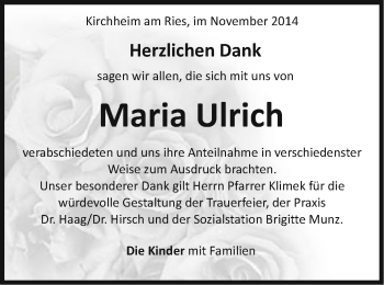 Traueranzeige von Maria Ulrich von Schwäbische Post