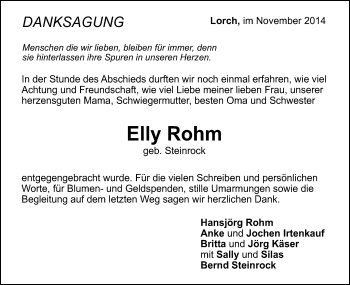 Traueranzeige von Elly Rohm von Gmünder Tagespost