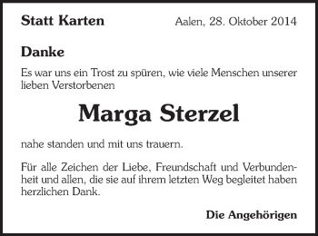 Traueranzeige von Marga Sterzel von Schwäbische Post