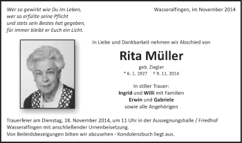 Traueranzeige von Rita Müller von Schwäbische Post