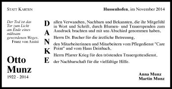 Traueranzeige von Otto Munz von Gmünder Tagespost