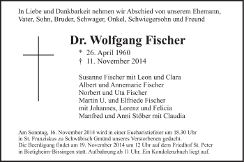 Traueranzeige von Wolfgang Fischer von Gmünder Tagespost