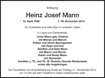 Traueranzeige von Heinz Josef Mann von Schwäbische Post