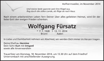 Traueranzeige von Wolfgang Fürsatz von Schwäbische Post